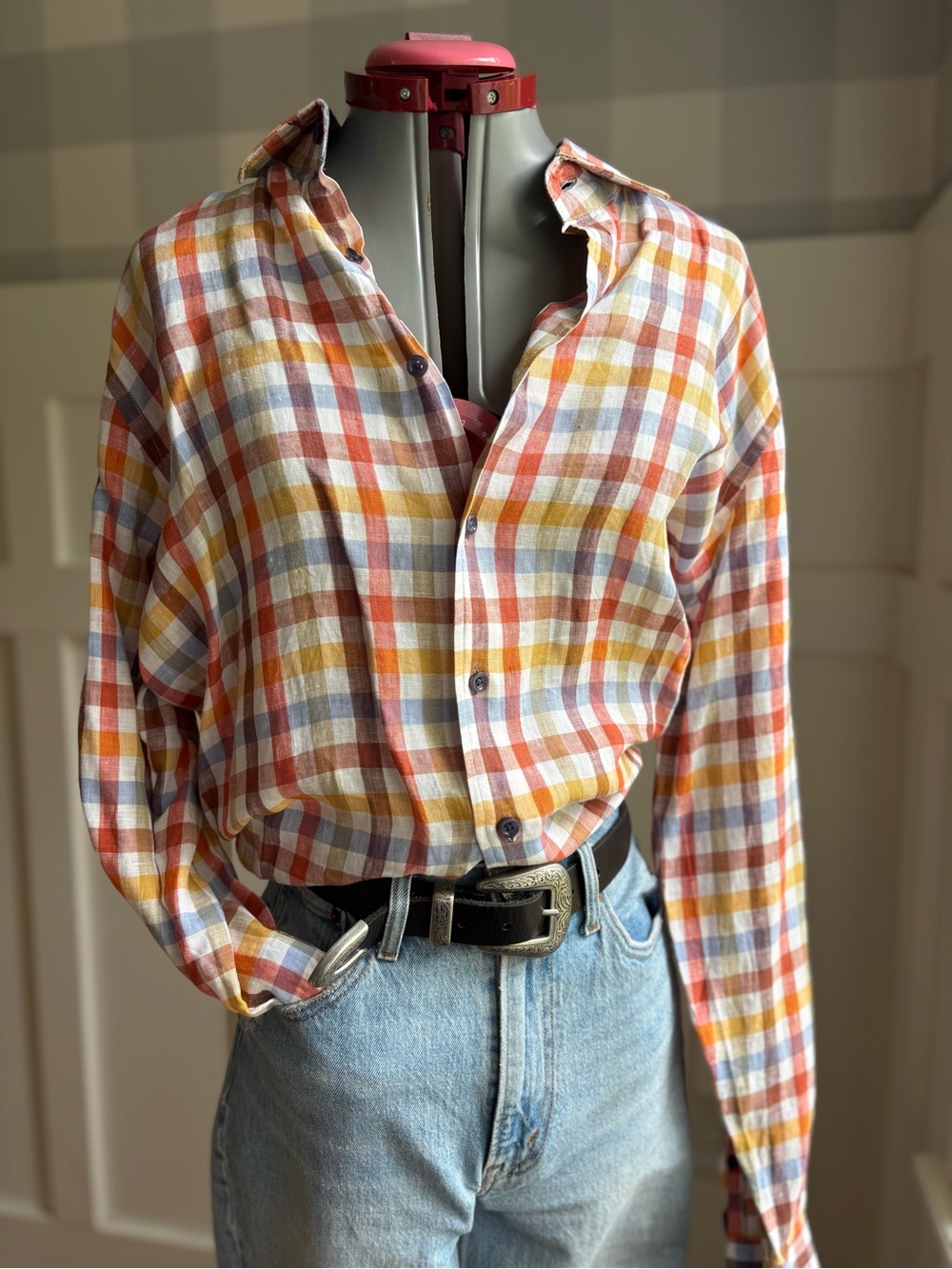 Men's Plaid Button-Down Shirt in Orange, Blue & Cream Size XL